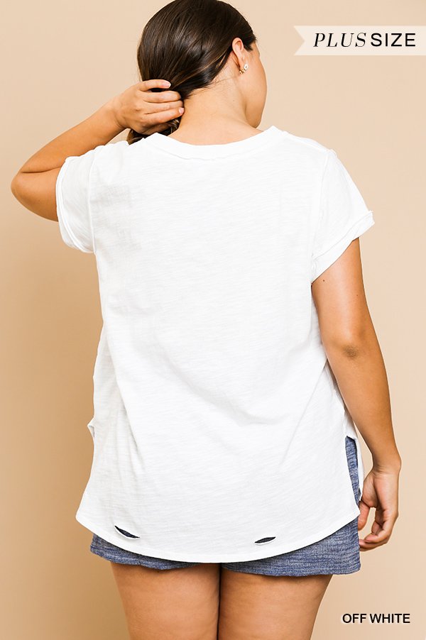 Gathered Short Sleeve V-Neck Knit Top with a Distressed Hem and Side Slits  Ivy and Pearl Boutique