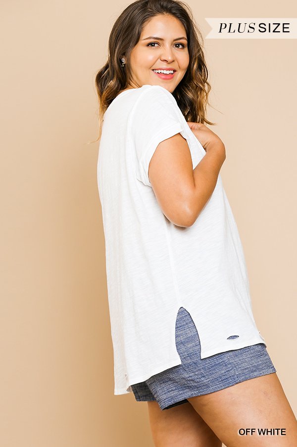 Gathered Short Sleeve V-Neck Knit Top with a Distressed Hem and Side Slits  Ivy and Pearl Boutique