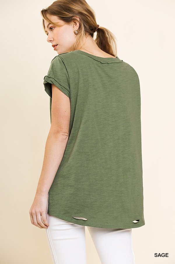 Gathered Short Sleeve V-Neck Knit Top with a Distressed Hem and Side Slits  Ivy and Pearl Boutique