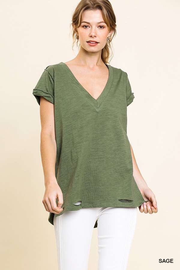 Gathered Short Sleeve V-Neck Knit Top with a Distressed Hem and Side Slits  Ivy and Pearl Boutique Sage S