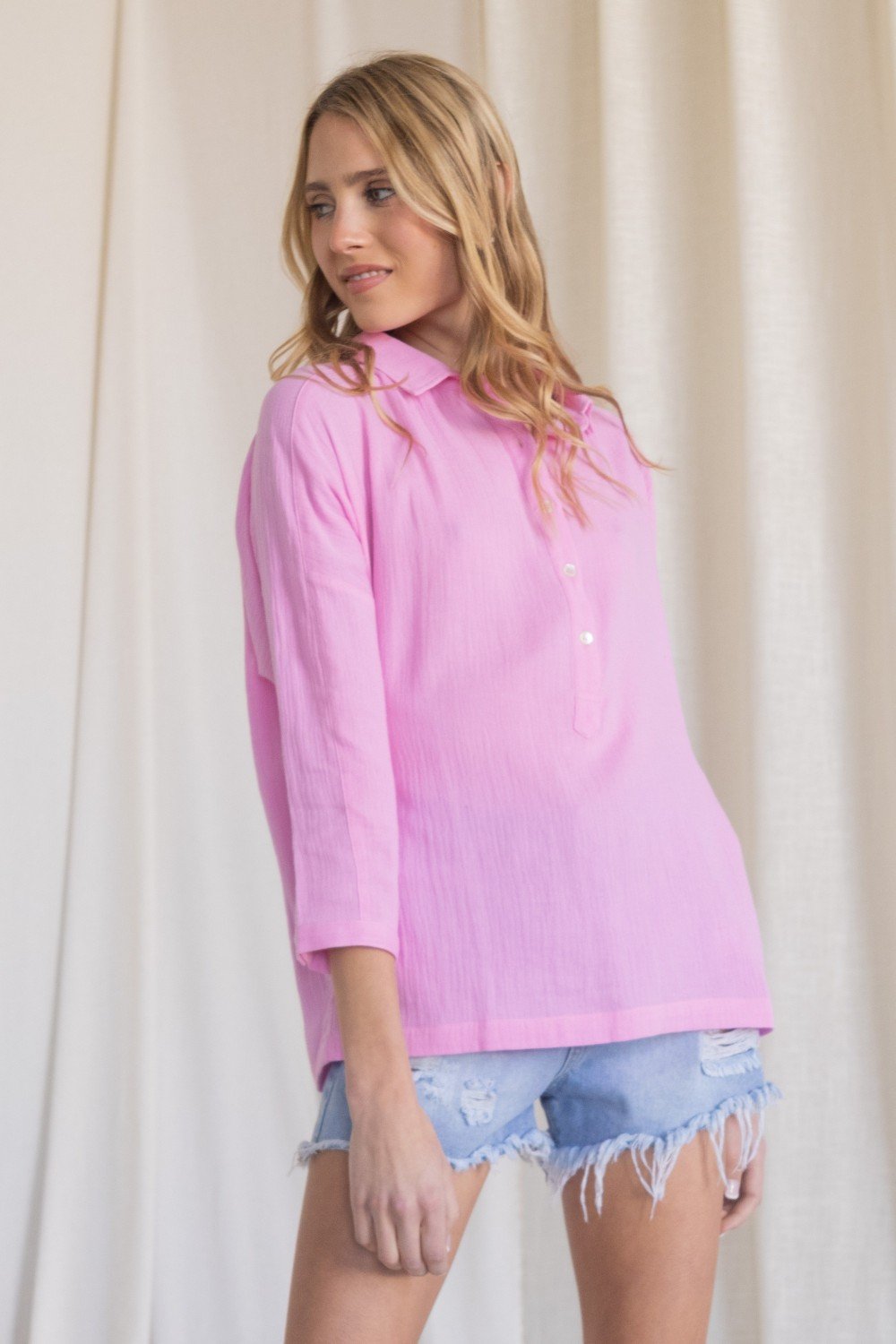 Henley-inspired Gauze Dolman Sleeve Collared Top with Buttoned Neckline Ivy and Pearl Boutique