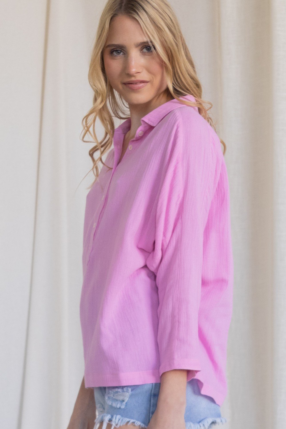 Henley-inspired Gauze Dolman Sleeve Collared Top with Buttoned Neckline Ivy and Pearl Boutique