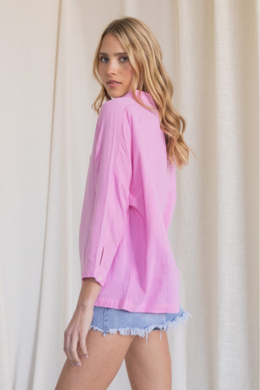 Henley-inspired Gauze Dolman Sleeve Collared Top with Buttoned Neckline Ivy and Pearl Boutique