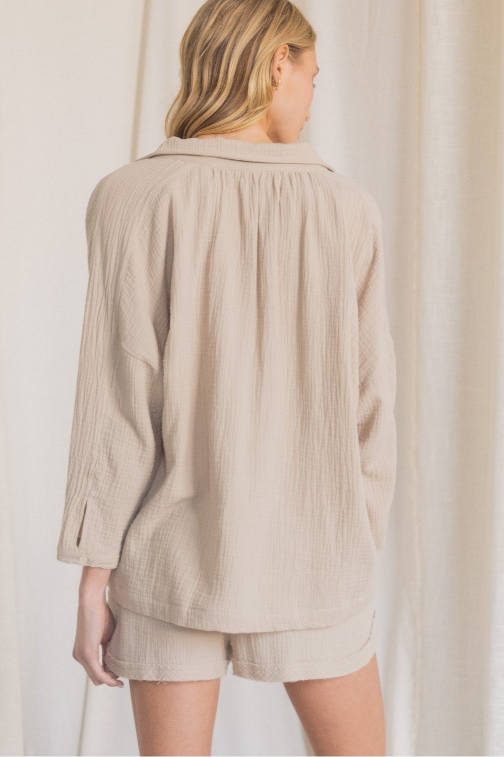 Henley-inspired Gauze Dolman Sleeve Collared Top with Buttoned Neckline Ivy and Pearl Boutique