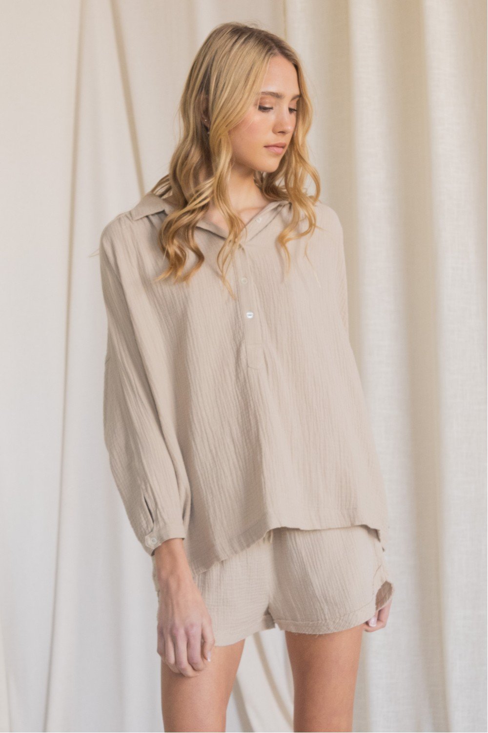 Henley-inspired Gauze Dolman Sleeve Collared Top with Buttoned Neckline Ivy and Pearl Boutique