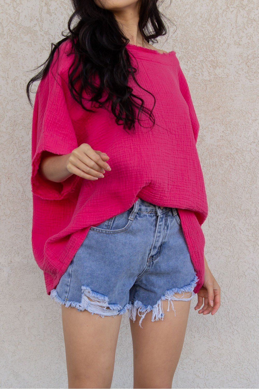 Gauze raw edge poncho top Ivy and Pearl Boutique Hot Pink S