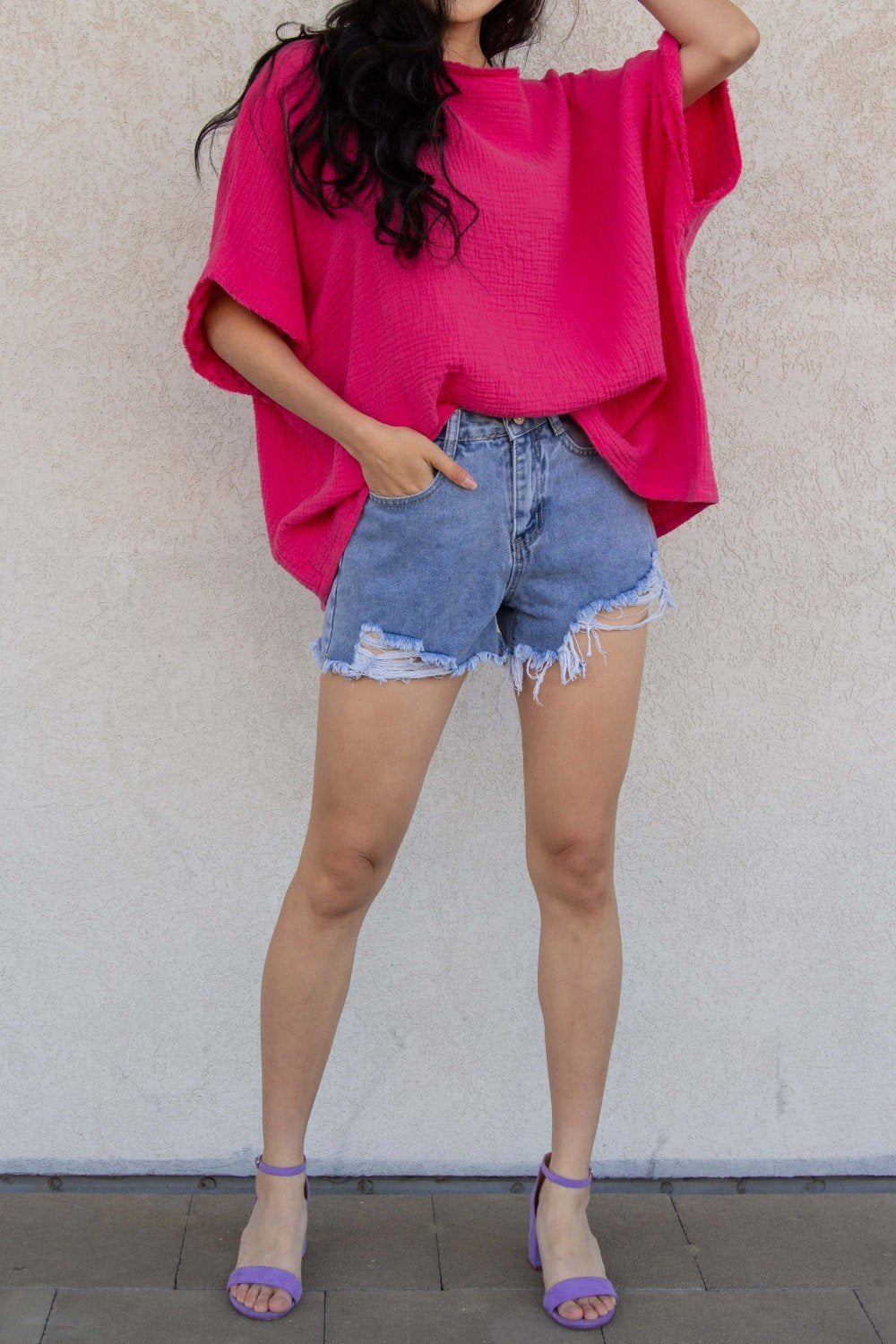Gauze raw edge poncho top  Ivy and Pearl Boutique
