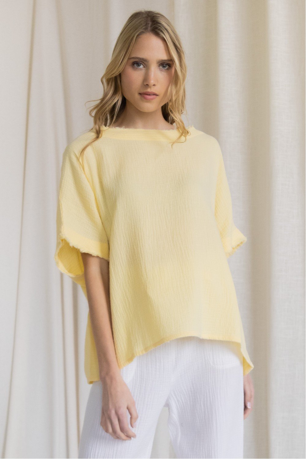 Gauze raw edge poncho top Ivy and Pearl Boutique Lemon Cream XS