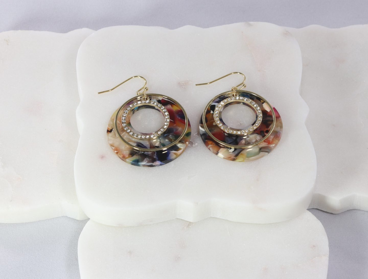 Gold and CZ embedded ring with acetate disc earring Ivy and Pearl Boutique
