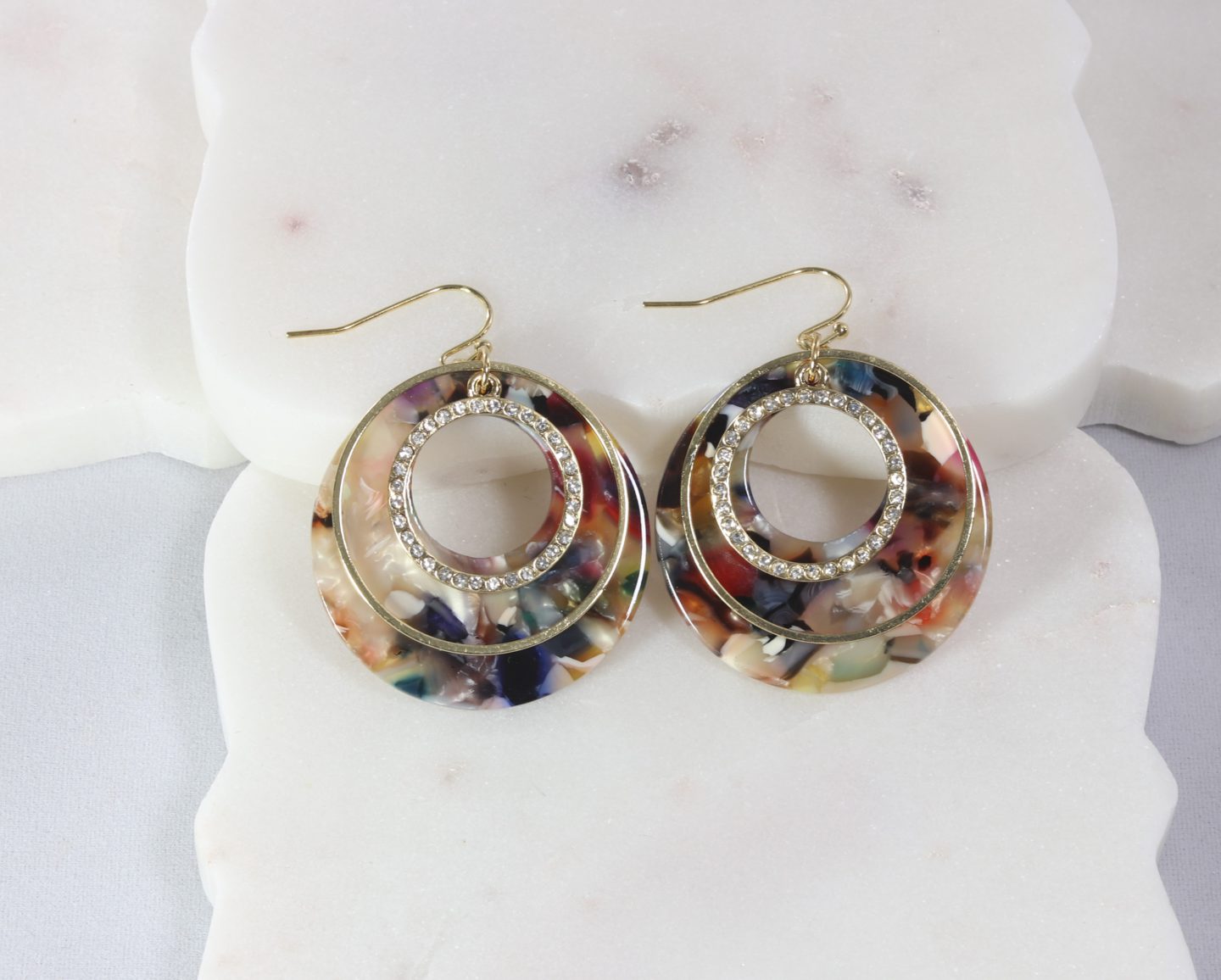 Gold and CZ embedded ring with acetate disc earring Ivy and Pearl Boutique