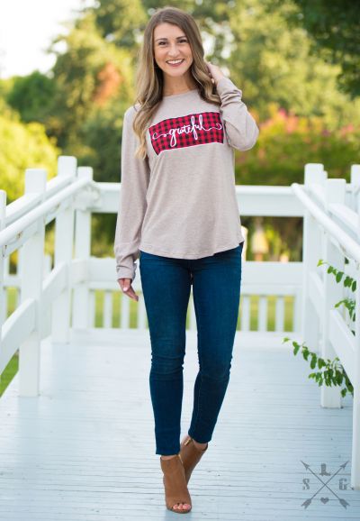 Grateful Plaid Patch on Heathered Beige Longsleeve Tee Ivy and Pearl Boutique