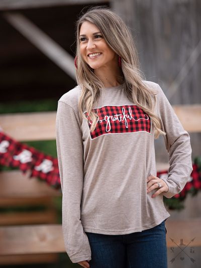 Grateful Plaid Patch on Heathered Beige Longsleeve Tee Ivy and Pearl Boutique Beige S