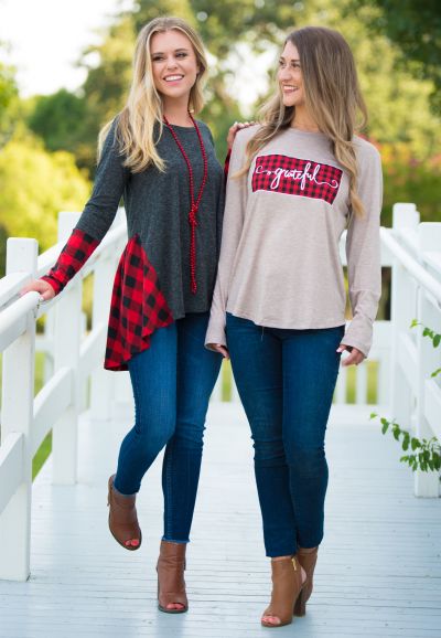 Grateful Plaid Patch on Heathered Beige Longsleeve Tee Ivy and Pearl Boutique