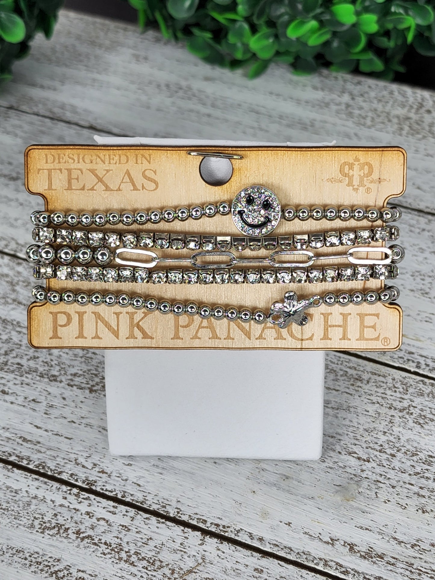 Happy Face silver bead and cubic zirconia 5-band elastic bracelet Ivy and Pearl Boutique