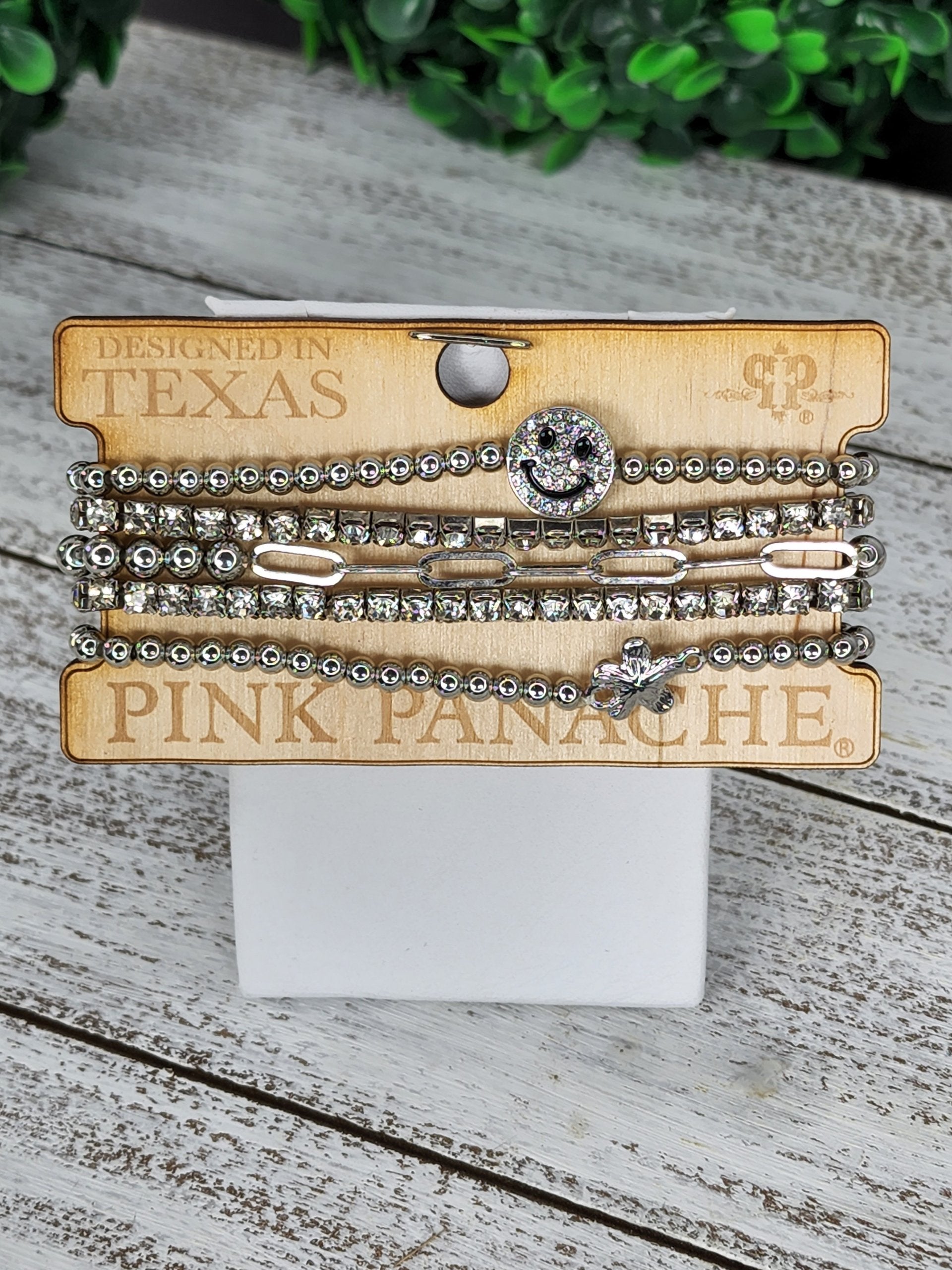 Happy Face silver bead and cubic zirconia 5-band elastic bracelet  Ivy and Pearl Boutique