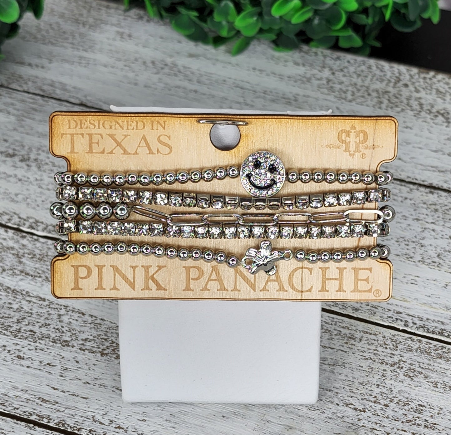 Happy Face silver bead and cubic zirconia 5-band elastic bracelet Ivy and Pearl Boutique