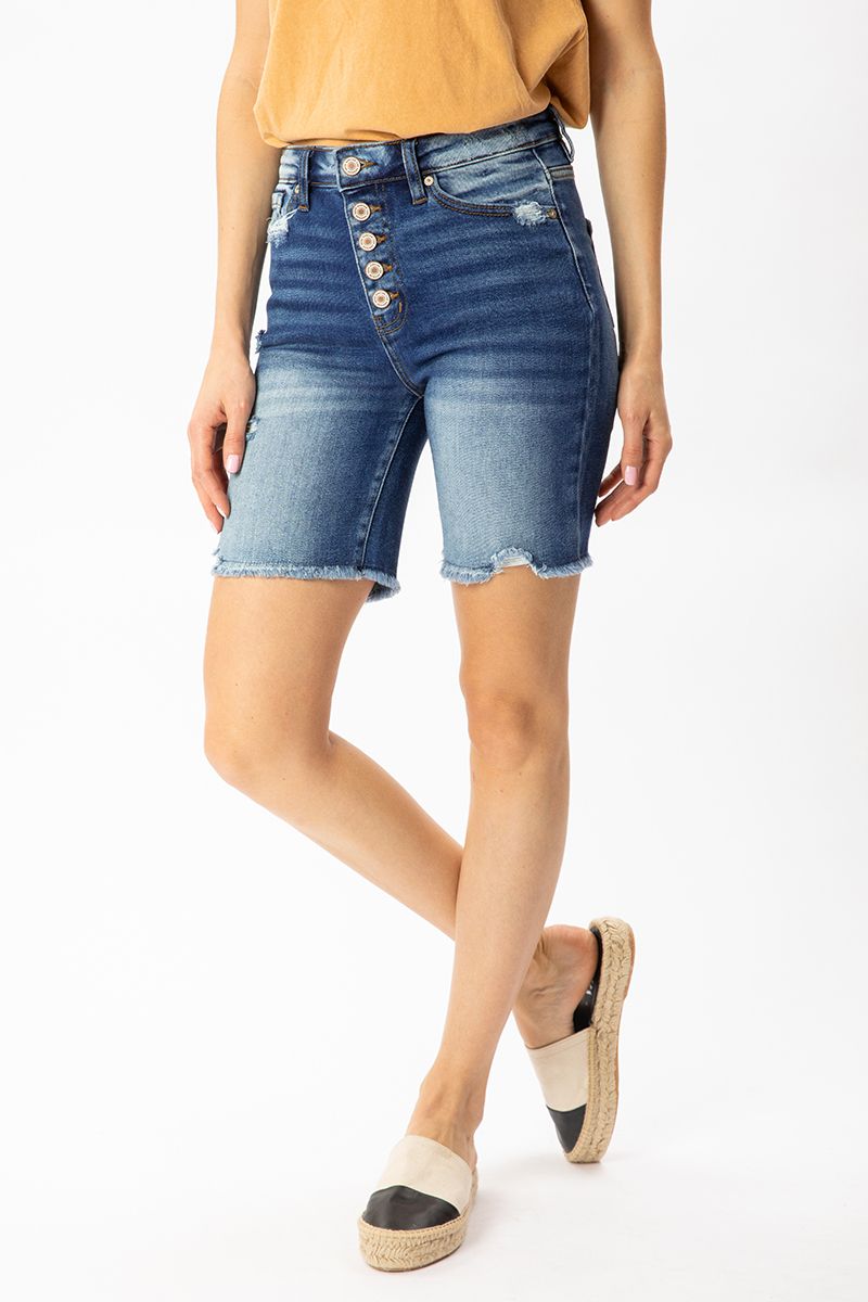 KanCan High Rise Button Down Skinny Bermuda Shorts Ivy and Pearl Boutique S