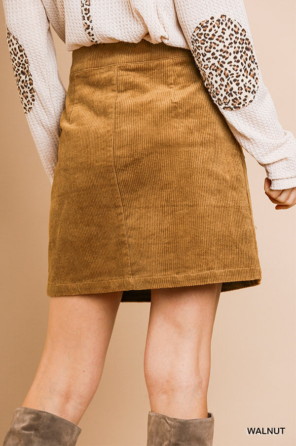 Umgee high waist corduroy A-line button front skirt with pockets Ivy and Pearl Boutique