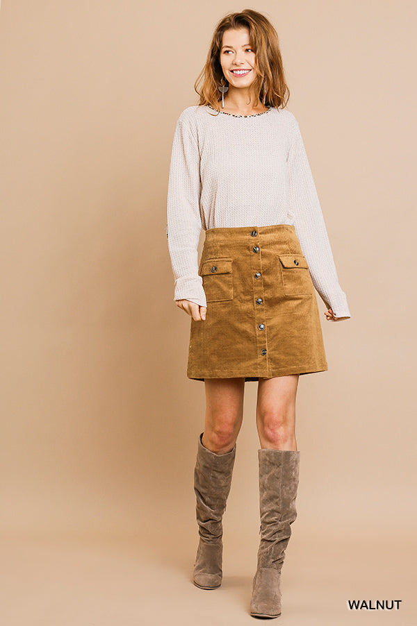 Umgee high waist corduroy A-line button front skirt with pockets Ivy and Pearl Boutique Walnut S