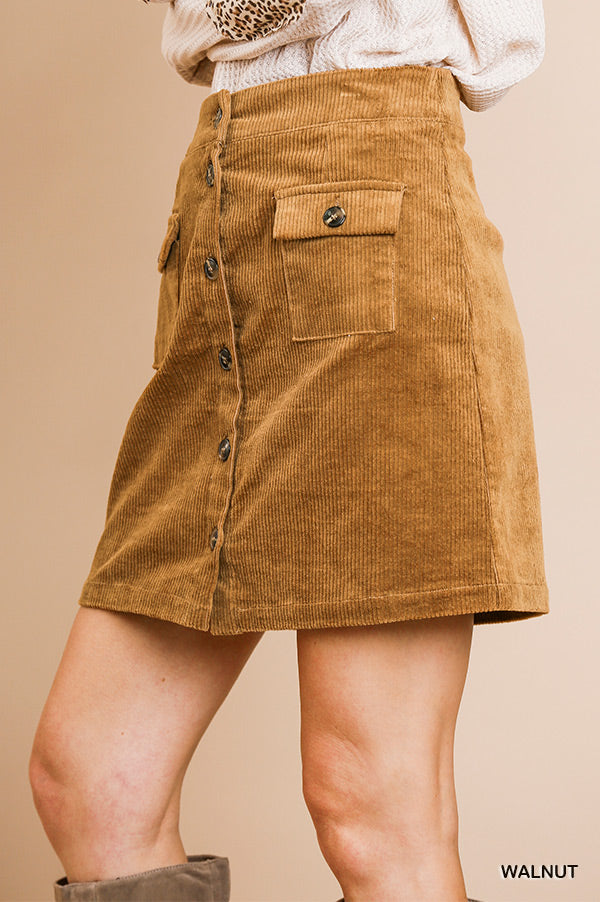 Umgee high waist corduroy A-line button front skirt with pockets Ivy and Pearl Boutique