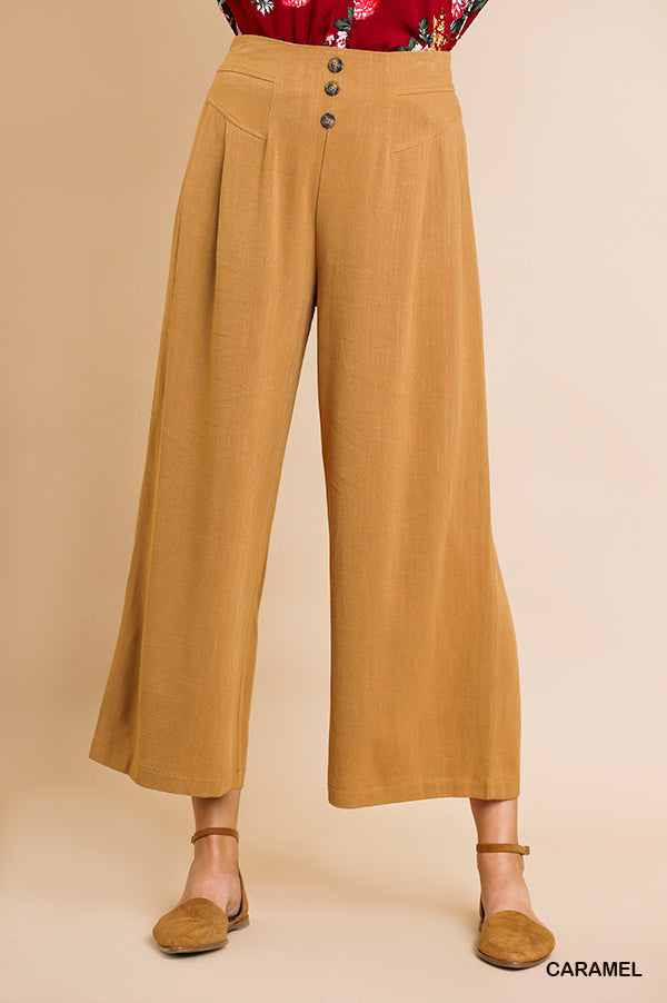 Linen Blend High Waist Wide Leg Pant with Faux Front Buttons and Elastic Waist Ivy and Pearl Boutique Carmel S