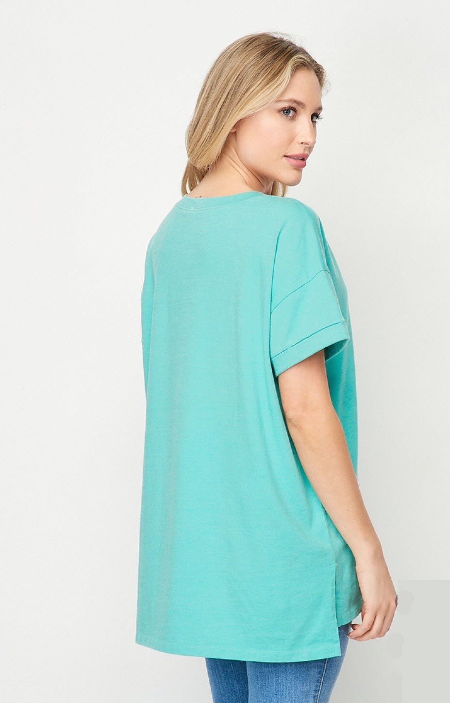 Mineral Wash Cuffed Sleeve Pocket Top Ivy and Pearl Boutique
