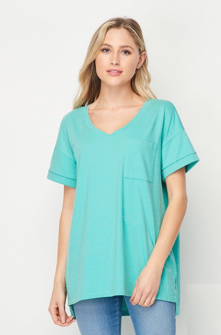 Mineral Wash Cuffed Sleeve Pocket Top Ivy and Pearl Boutique
