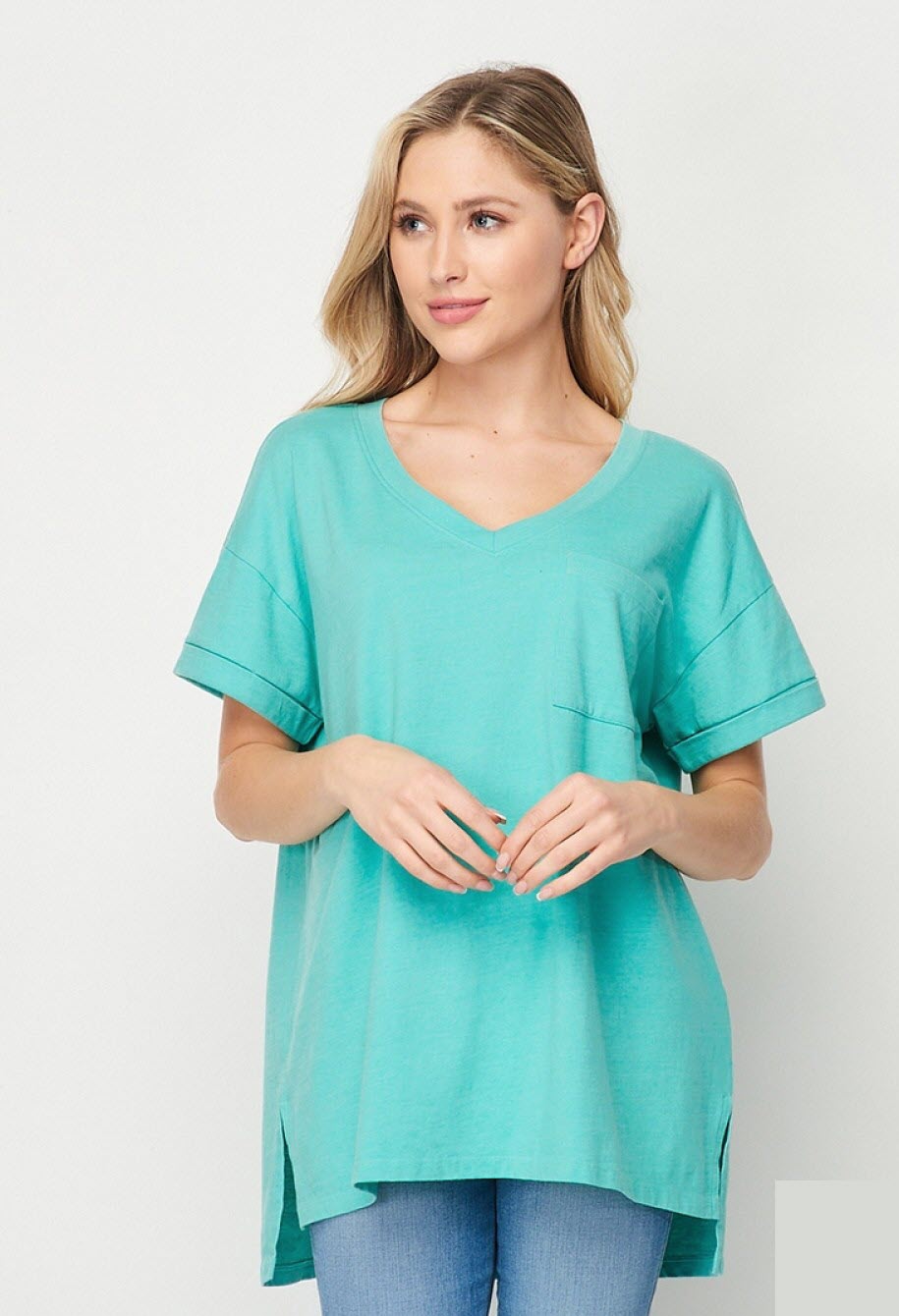 Mineral Wash Cuffed Sleeve Pocket Top Ivy and Pearl Boutique Mint S