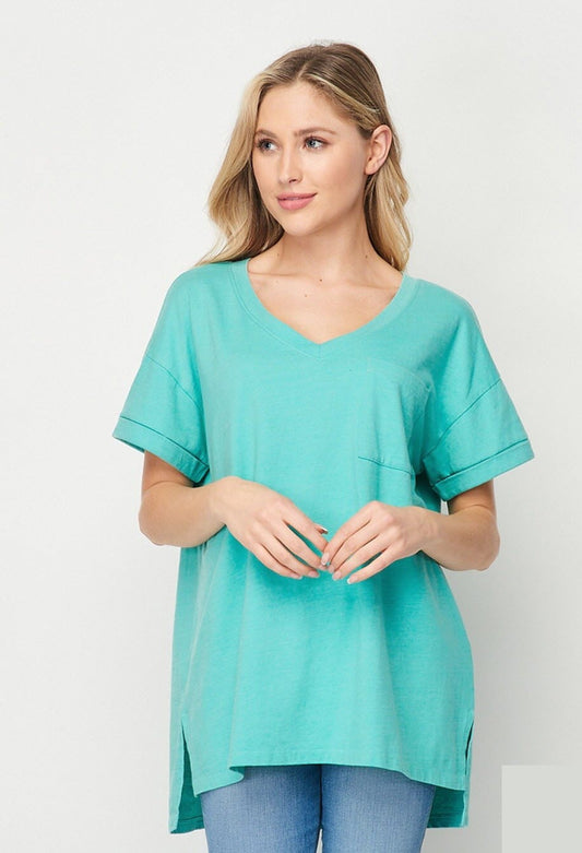 Mineral Wash Cuffed Sleeve Pocket Top  Ivy and Pearl Boutique Mint S