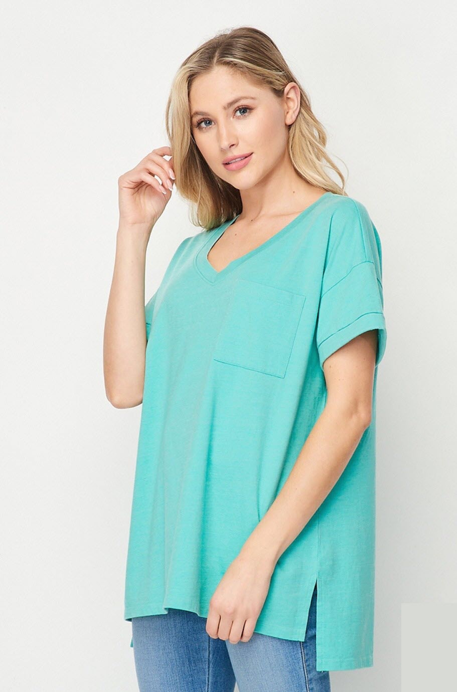 Mineral Wash Cuffed Sleeve Pocket Top Ivy and Pearl Boutique