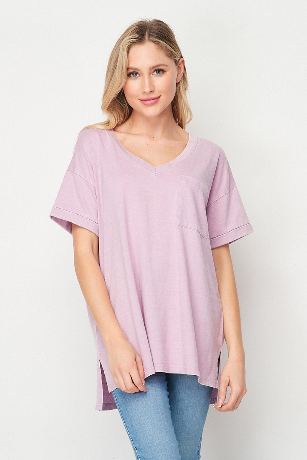 Mineral Wash Cuffed Sleeve Pocket Top Ivy and Pearl Boutique