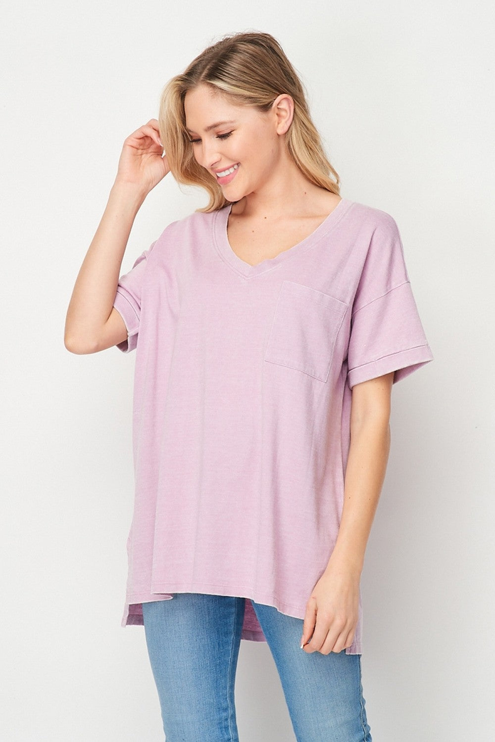 Mineral Wash Cuffed Sleeve Pocket Top Ivy and Pearl Boutique Purple S
