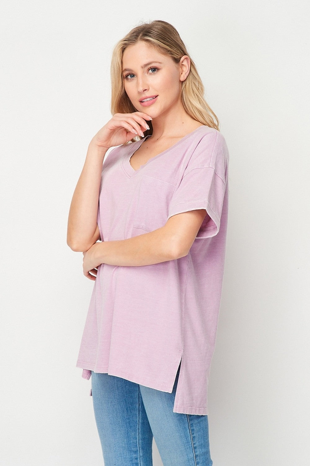 Mineral Wash Cuffed Sleeve Pocket Top Ivy and Pearl Boutique