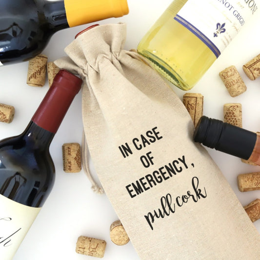 In Case of Emergency Wine Bag with Tie  Ivy and Pearl Boutique