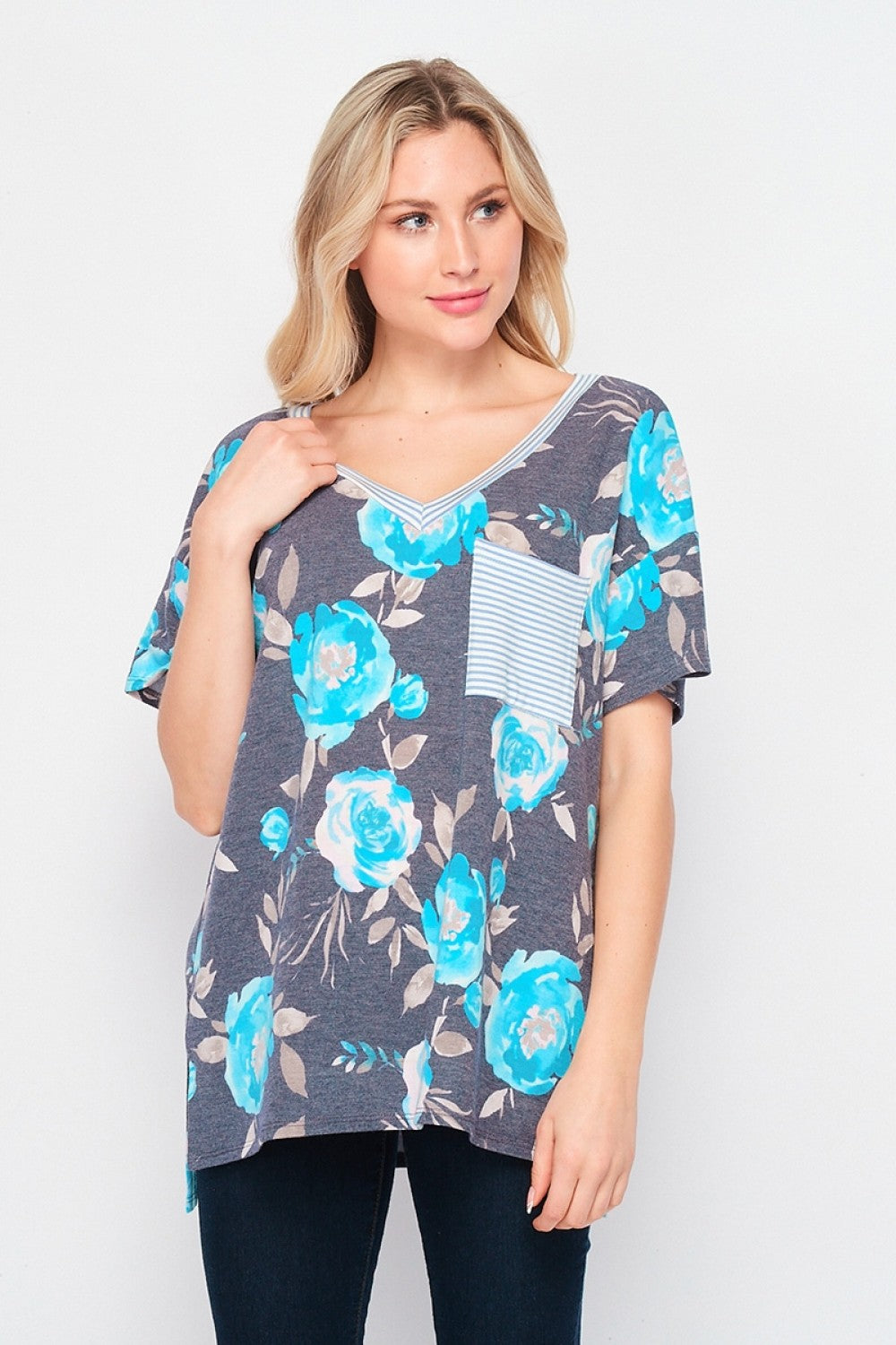 Indigo Teal Floral Pocket Top Ivy and Pearl Boutique