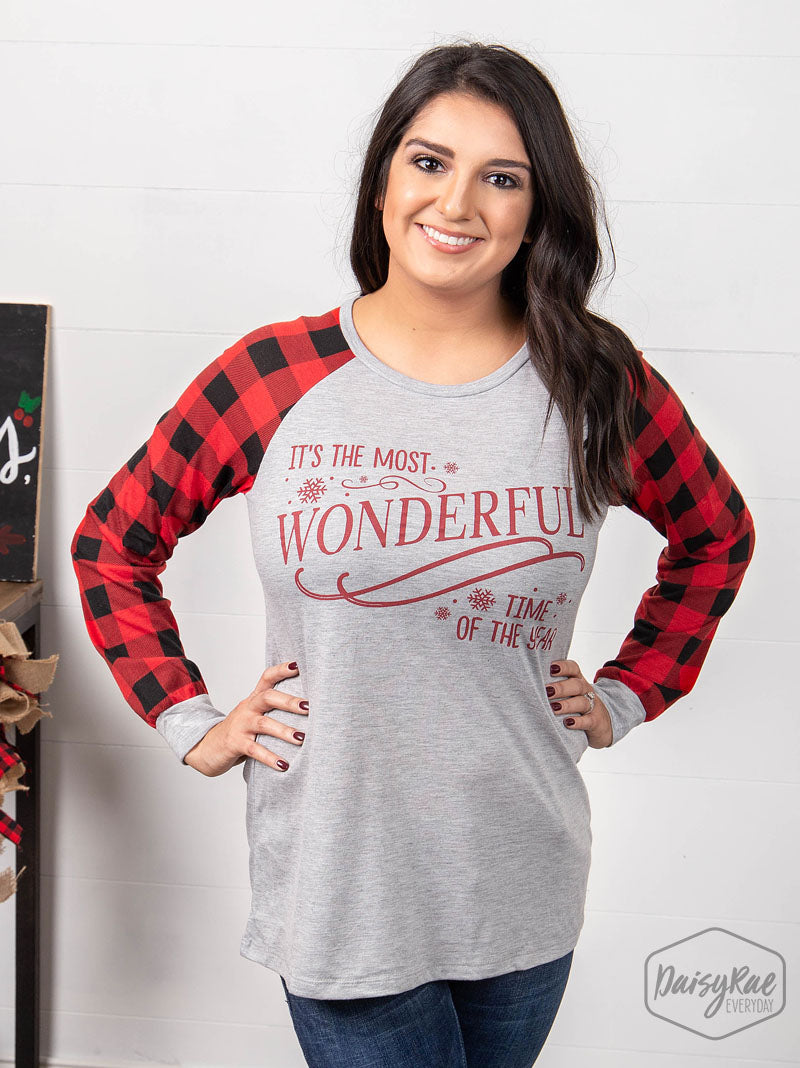 It's the Most Wonderful Time of the Year gray T-shirt with buffalo plaid sleeves Ivy and Pearl Boutique S