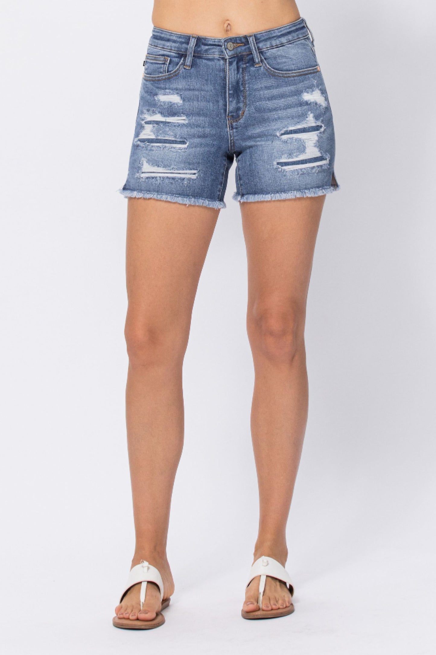 Judy Blue Denim Patch Cutoffs with Side Slit Shorts Ivy and Pearl Boutique