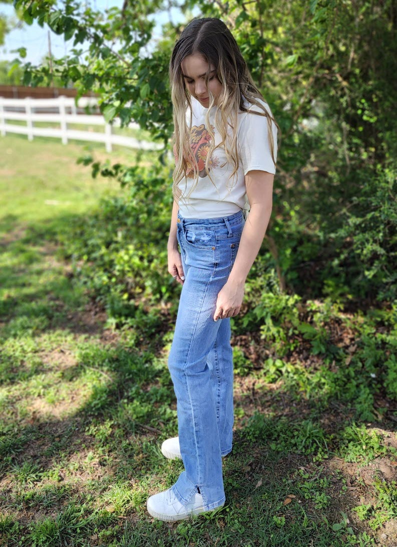 Judy Blue hi-waisted slim bootcut jeans with slit hem Ivy and Pearl Boutique