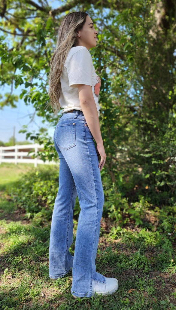 Judy Blue hi-waisted slim bootcut jeans with slit hem  Ivy and Pearl Boutique   