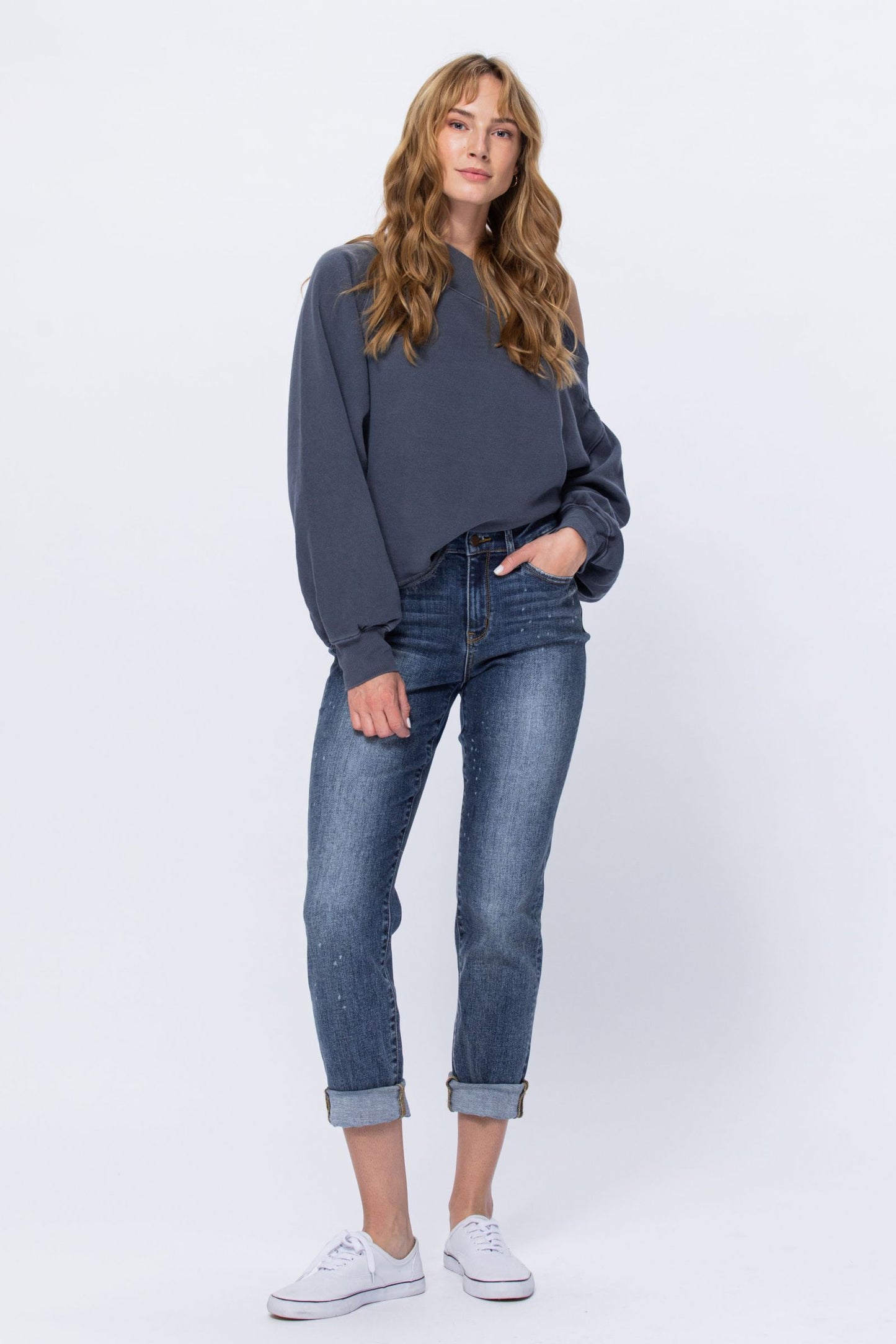 Judy Blue High Rise Bleach Splash Boyfriend jeans Ivy and Pearl Boutique