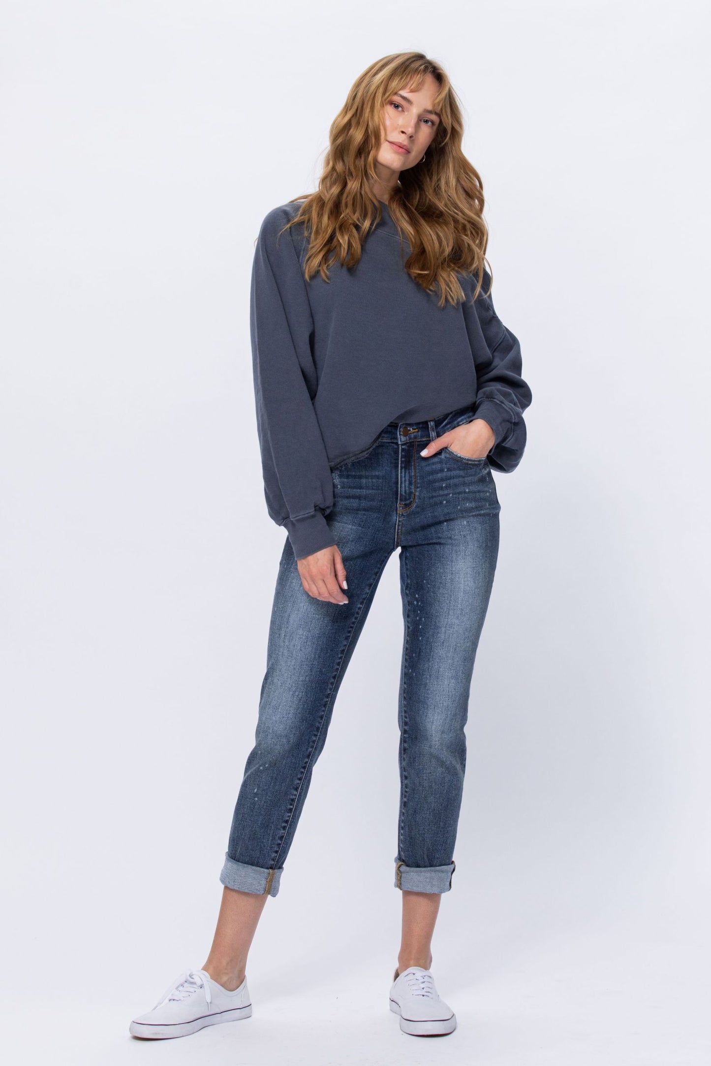 Judy Blue High Rise Bleach Splash Boyfriend jeans Ivy and Pearl Boutique