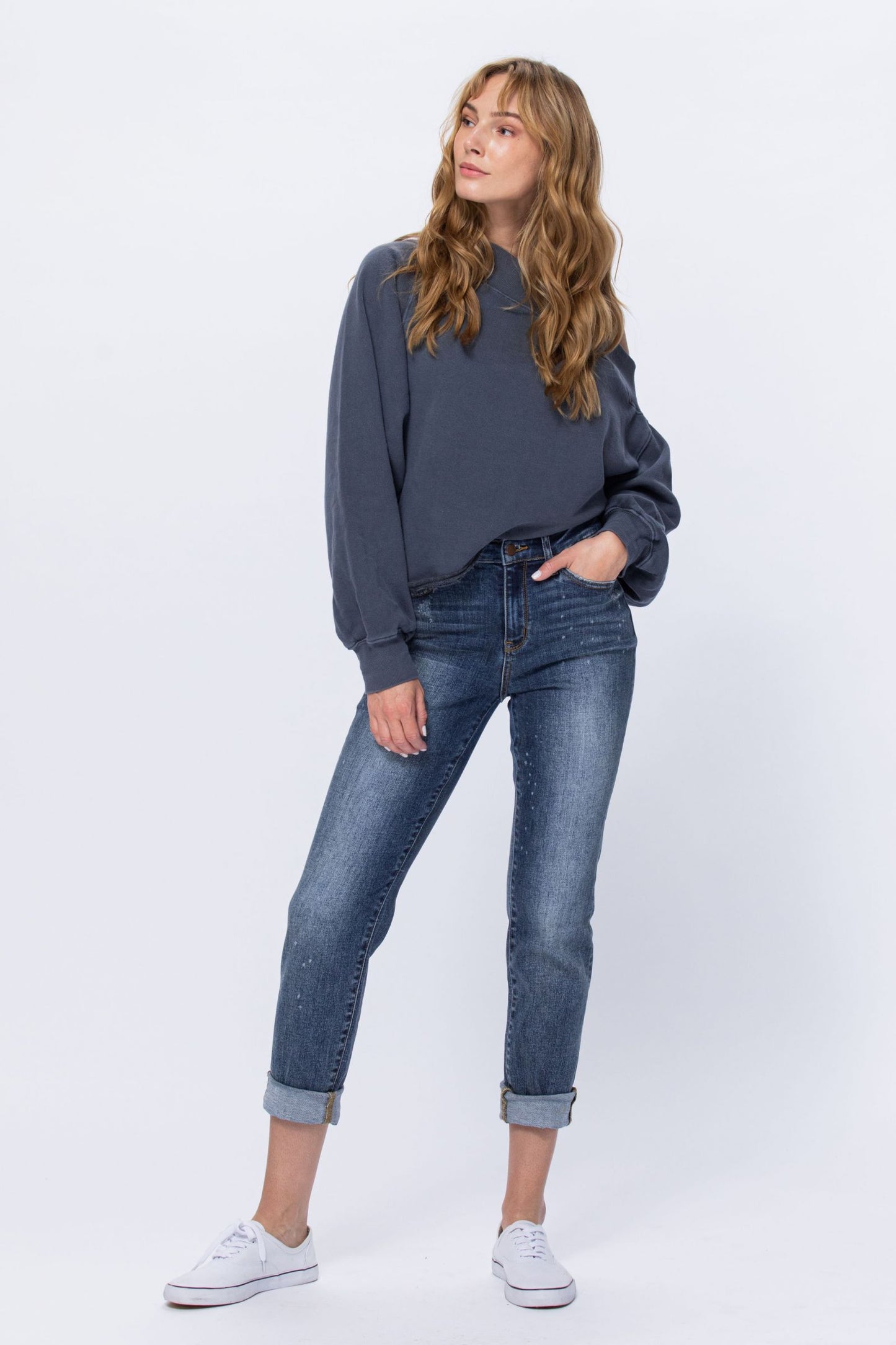 Judy Blue High Rise Bleach Splash Boyfriend jeans Ivy and Pearl Boutique 5/27