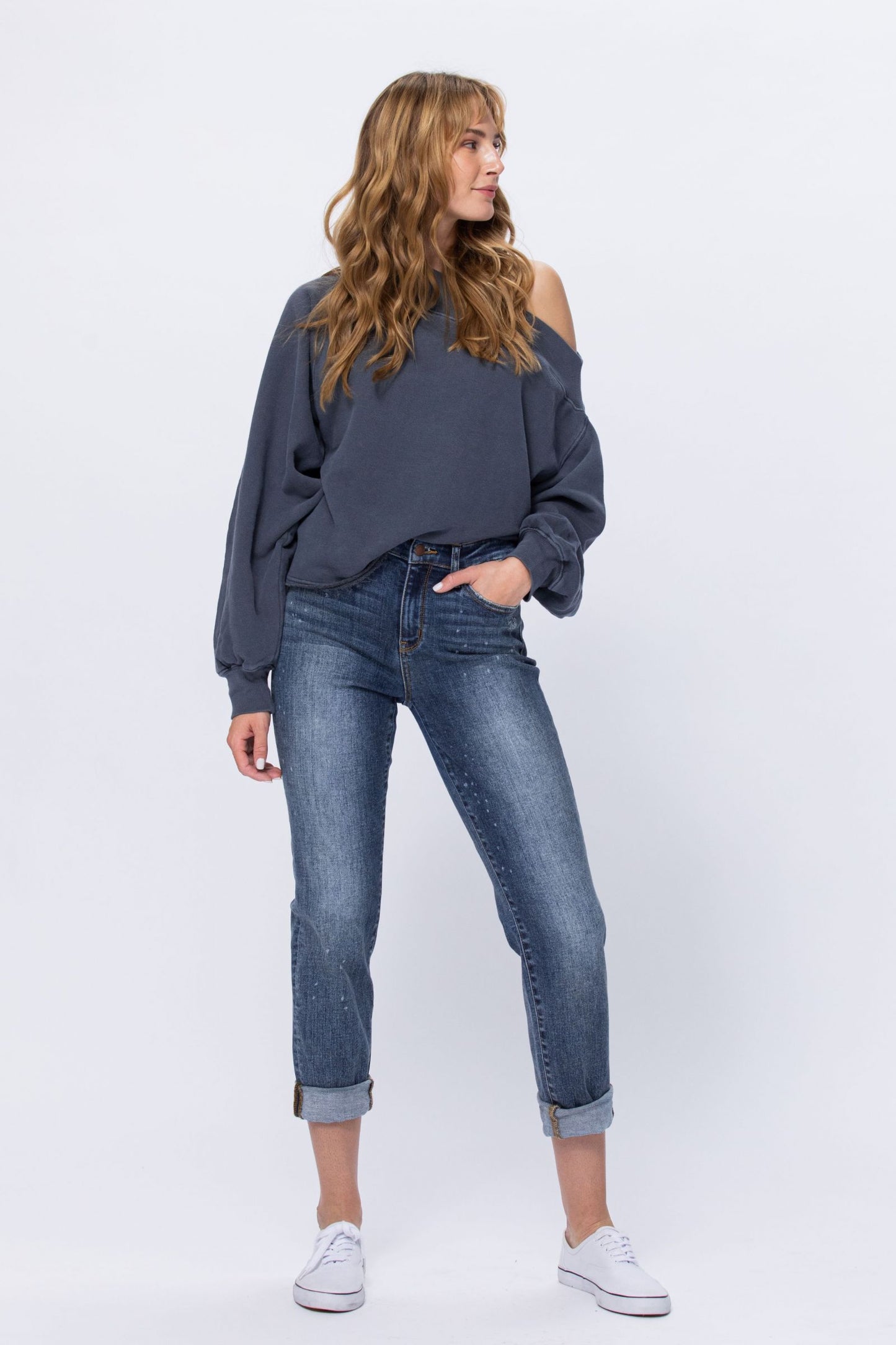 Judy Blue High Rise Bleach Splash Boyfriend jeans Ivy and Pearl Boutique