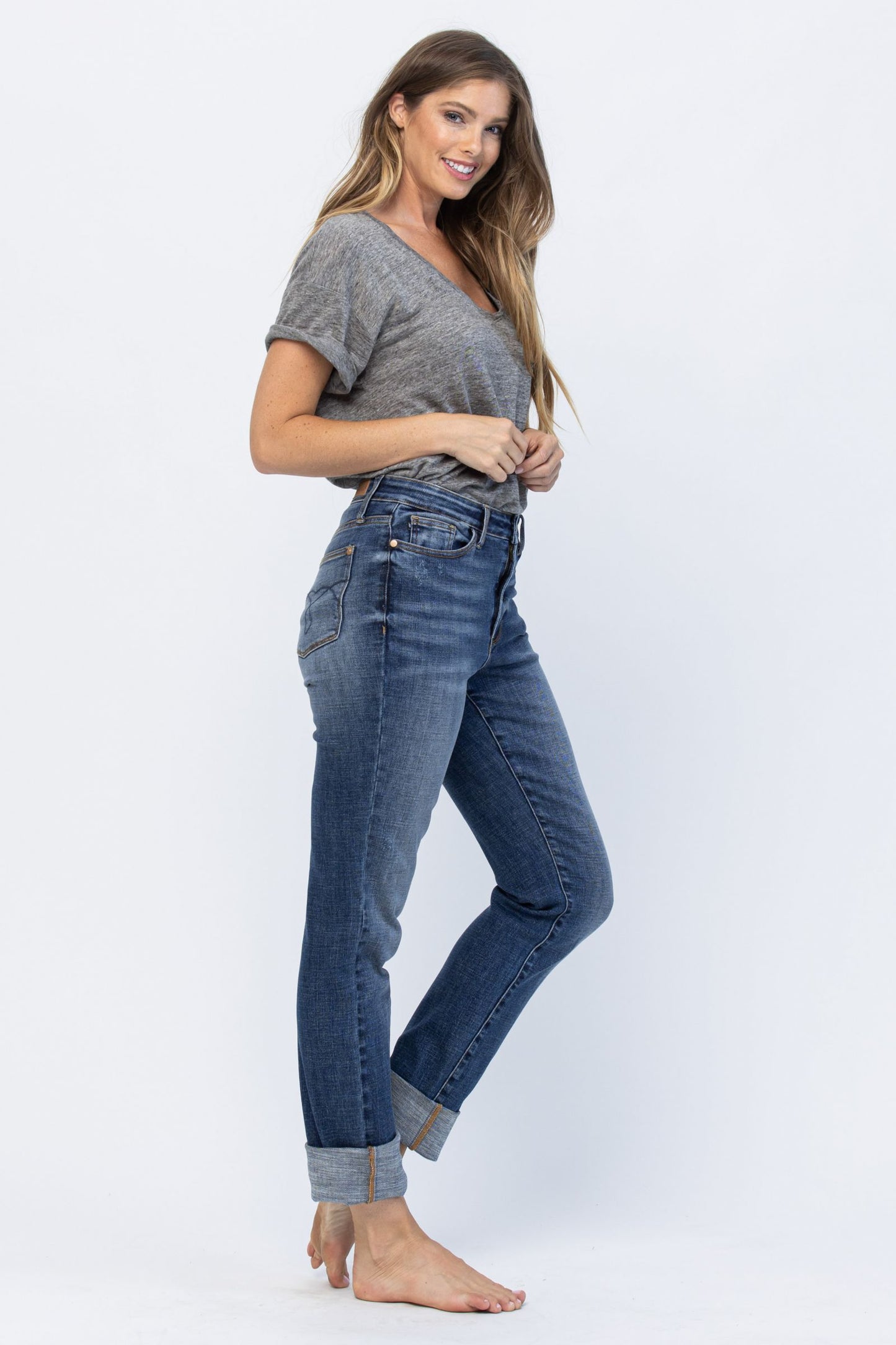Judy Blue Jeans - Judy Blue high waist double cuff fray hem boyfriend jeans Ivy and Pearl Boutique
