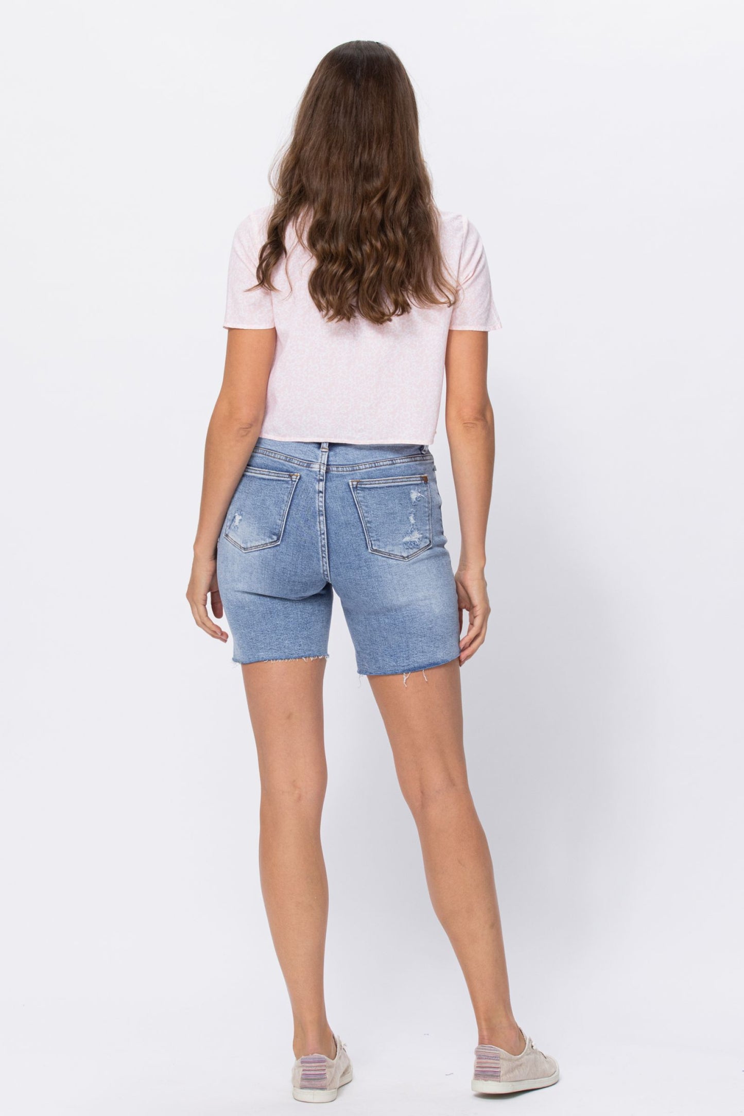 Judy Blue High Waisted Mid Length Denim Patch Shorts Ivy and Pearl Boutique