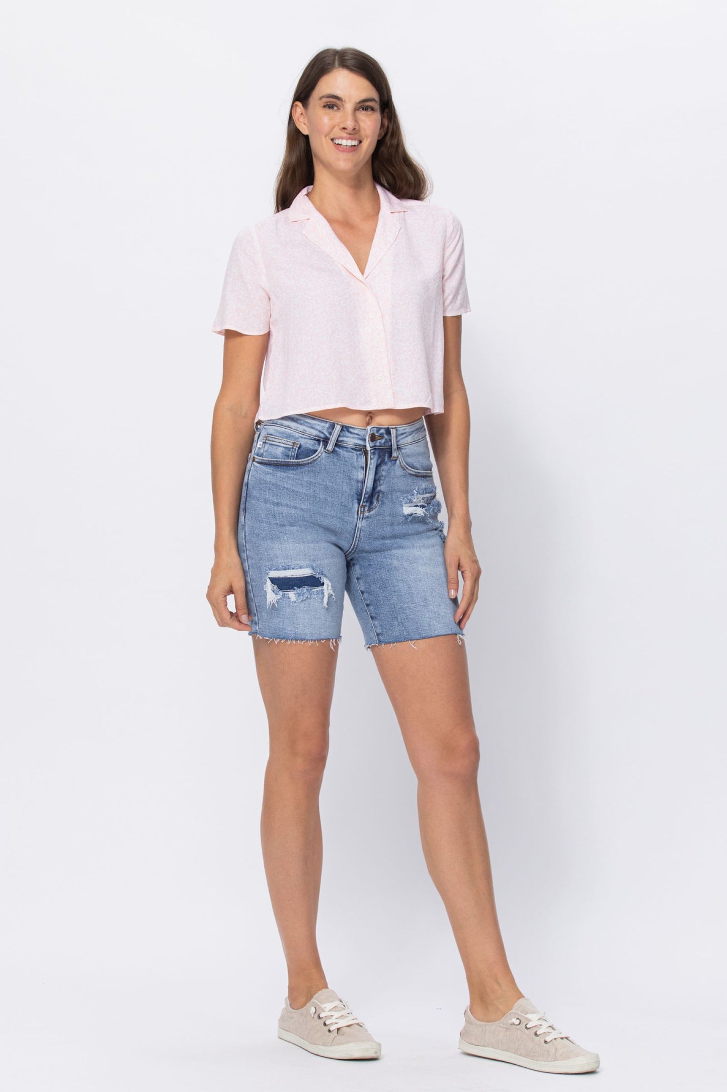 Judy Blue High Waisted Mid Length Denim Patch Shorts Ivy and Pearl Boutique