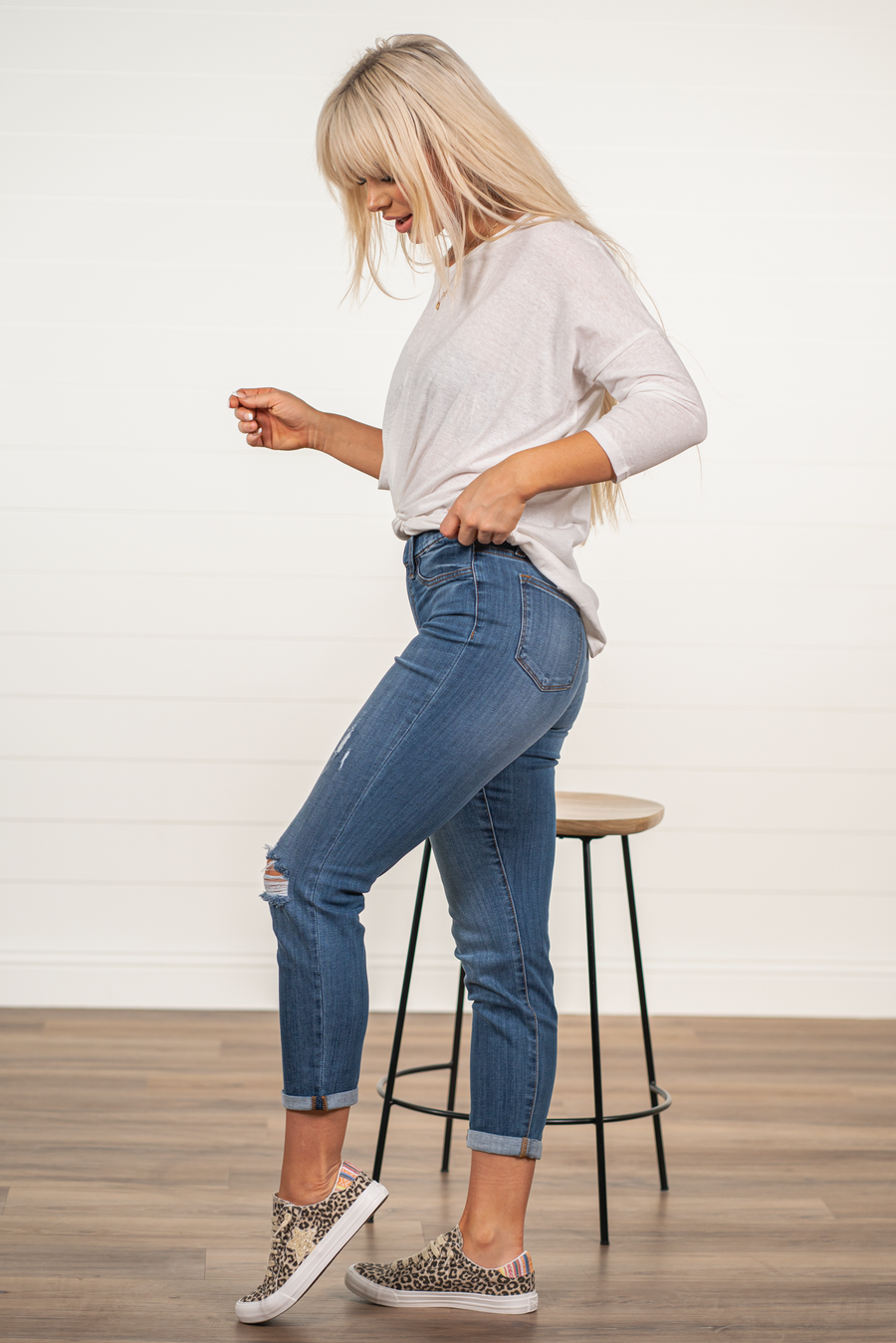 Judy Blue Mid Rise Pull On Destroyed Boyfriend Jegging Ivy and Pearl Boutique