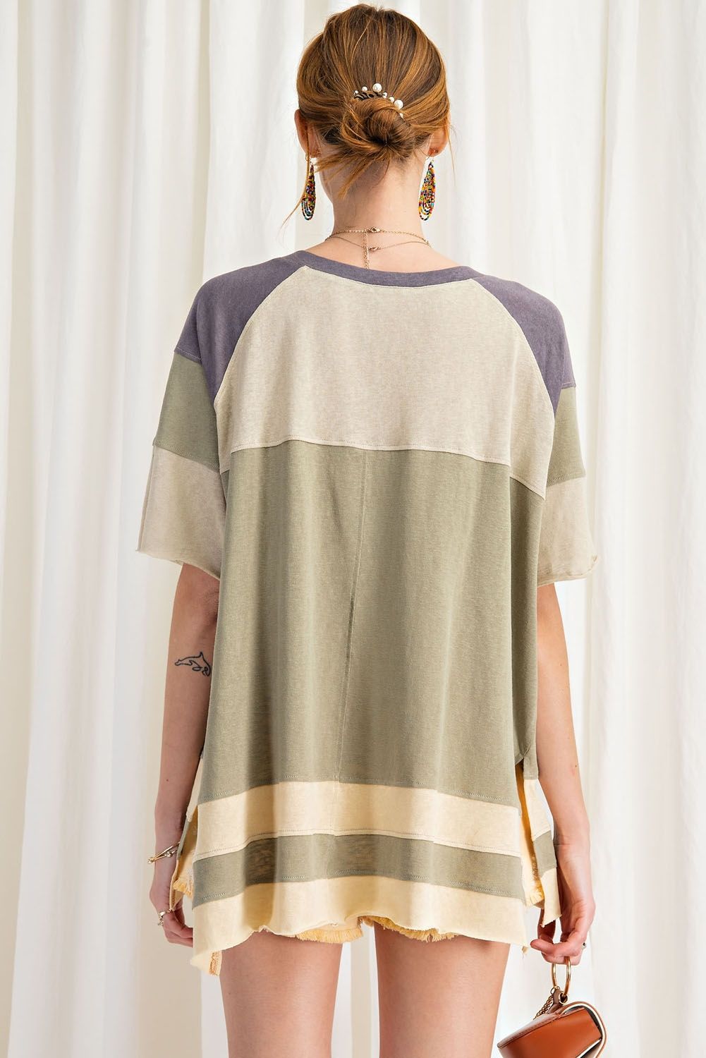 Keep it Real Color Blocked Top - Short Sleeve Cotton Jersey Loose Fit Top - available in 3 colors Ivy and Pearl Boutique