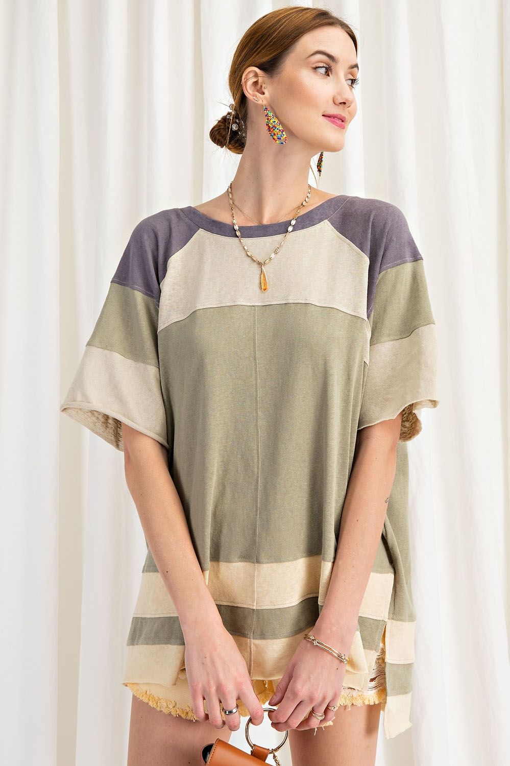 Keep it Real Color Blocked Top - Short Sleeve Cotton Jersey Loose Fit Top - available in 3 colors Ivy and Pearl Boutique