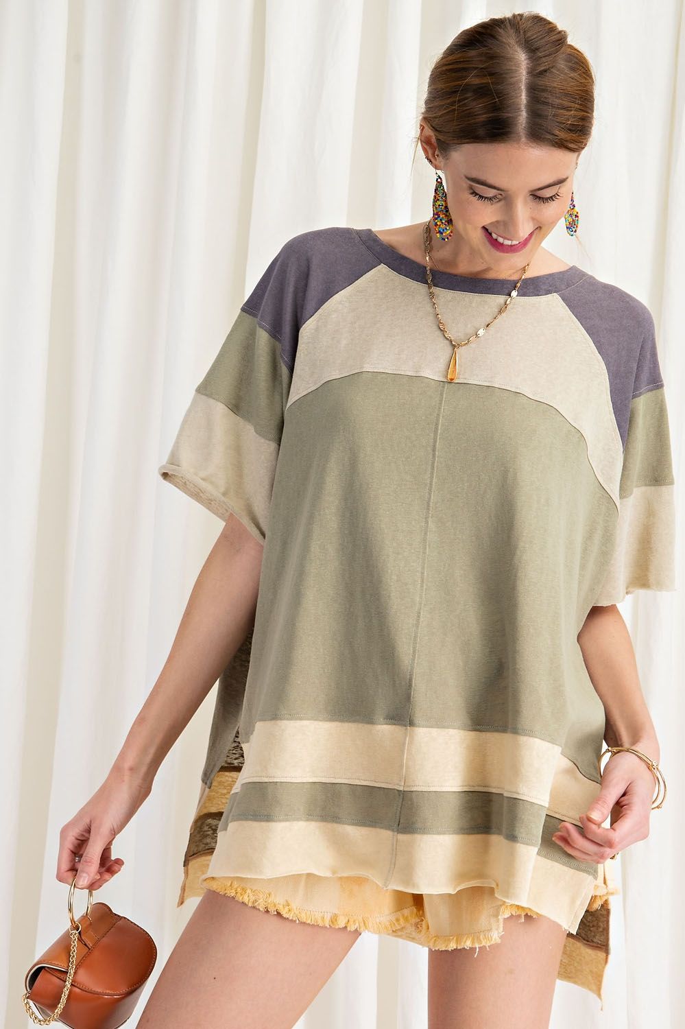Keep it Real Color Blocked Top - Short Sleeve Cotton Jersey Loose Fit Top - available in 3 colors Ivy and Pearl Boutique
